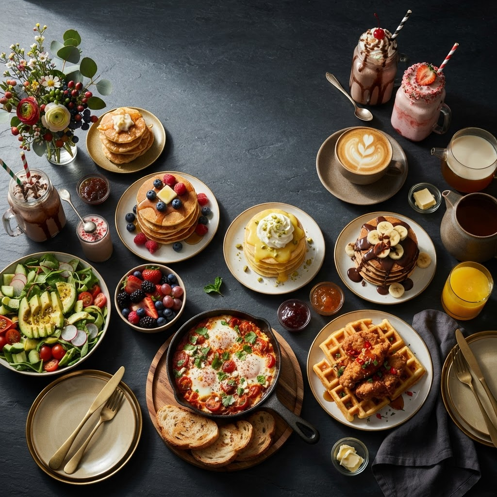 An abundant brunch spread of gourmet pancakes, shakshuka, waffles and milkshakes